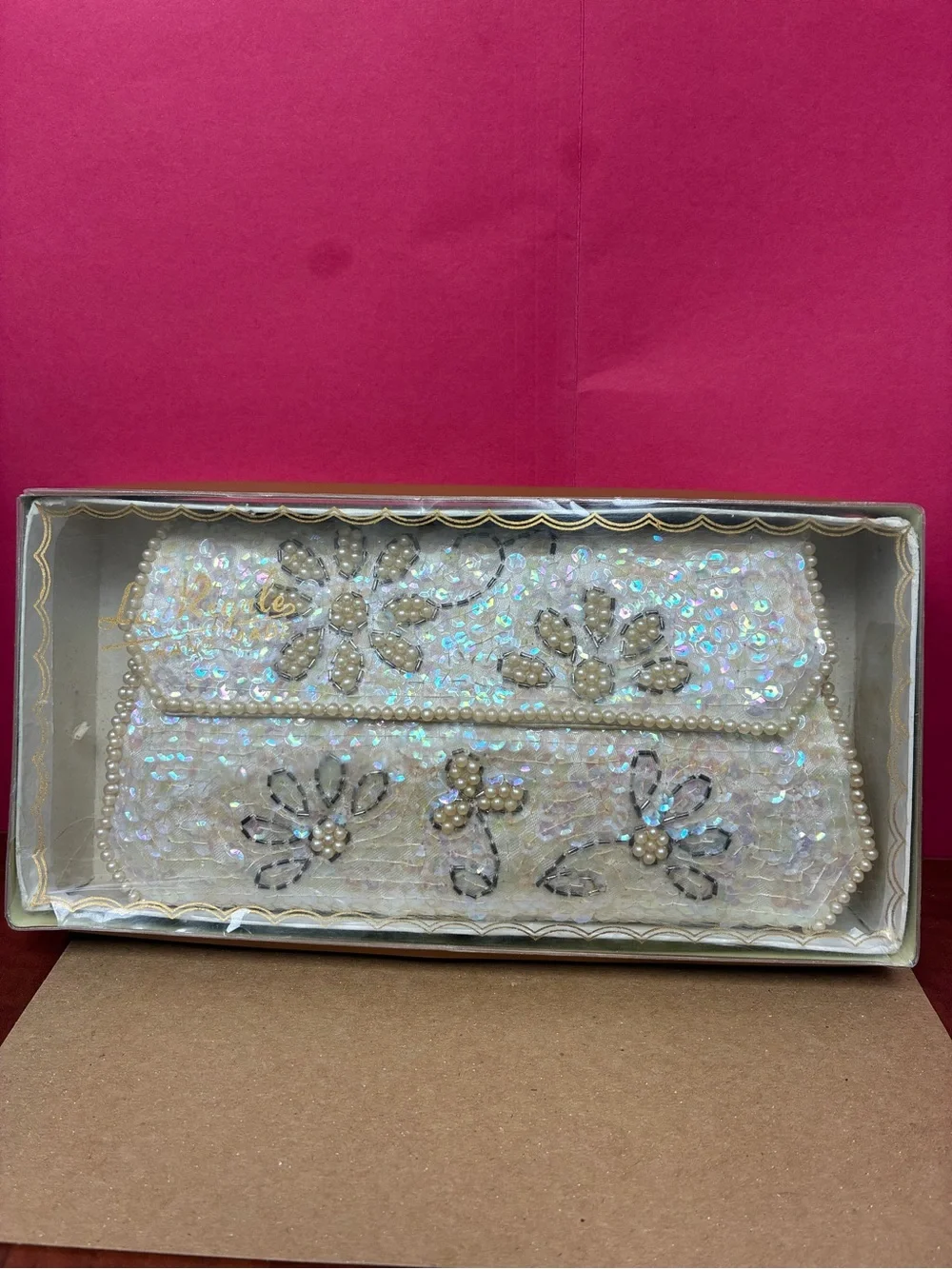La Regale Pearl & Sequin Ivory Floral Clutch